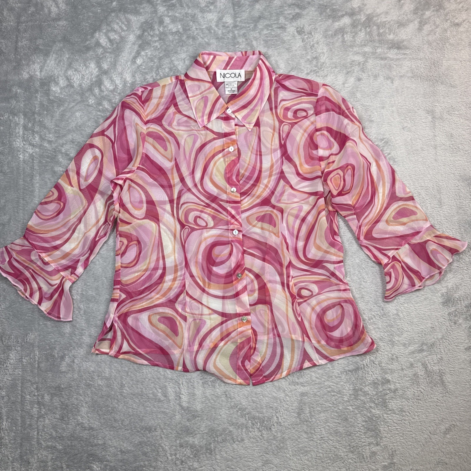 Nicola Button Blouse Women Small Pink Swirl Psychedelic 3/4 Sleeve Ruffle Cuff